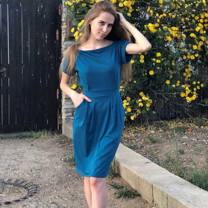 Solid O-neck Short Sleeves Lacing Dresses Women Casual Pockets Simple Dress Summer Ladies Fashion Breathable Dress Vestidos New
