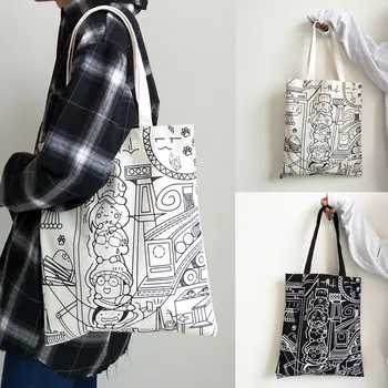

Women Canvas Printing Art Reusable Shopping Bags Handle Tote Large Capacity eco Grocery Bag Fashion foldable shopping bag #40