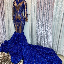 Сексуальное длинное платье для выпускного вечера es с высоким воротом и длинными рукавами африканская темнокожая девушка Королевский синий 3D Роза Русалка платье для выпускного вечера
