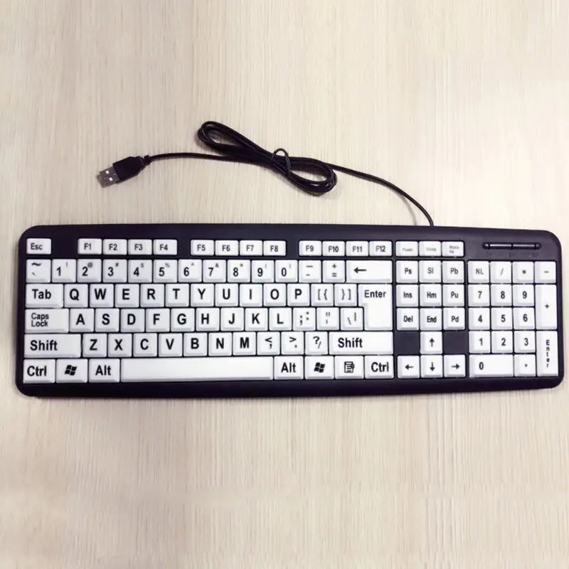 

USB Wired PC Computer Game Gaming Keyboard High Contrast Large Print White Keys Black Letter for Old People Elderly Men E65A