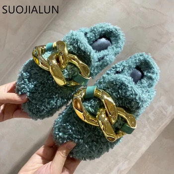

SUOJIALUN 2020 Brand Design Women Fur Slippers Slip On Metal Buckle Mule Shoes Casual Winter Warm Home Slipper Plush Slides Flip