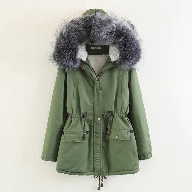 02 Army Green Синяя Женская парка, плюс размер, зимняя куртка с меховым капюшоном, высокая талия, свободная теплая куртка с хлопковой подкладкой,, модная уличная одежда, женские парки - Цвет: 02 Army Green