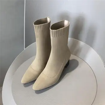 

Women's stretck sock slip-on high heel autumn ankle boots black slim high quality short booties elegant ladies dress boots shoes