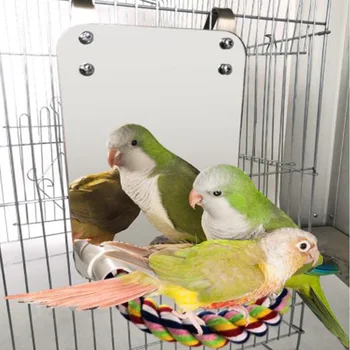 

7 inch Stainless Steel Bird Mirror with Rope Perch Bird Toys Swing Comfy Perch for Canaries