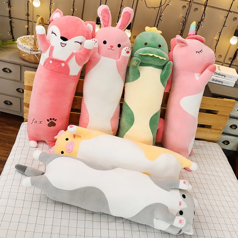 

New Arrive 70/90/120cm Cartoon Long Animals Plush Toy Sleeping Stuff Cat Pig Fox Dinosaur RabbitUnicorn Doll Christmas Gift