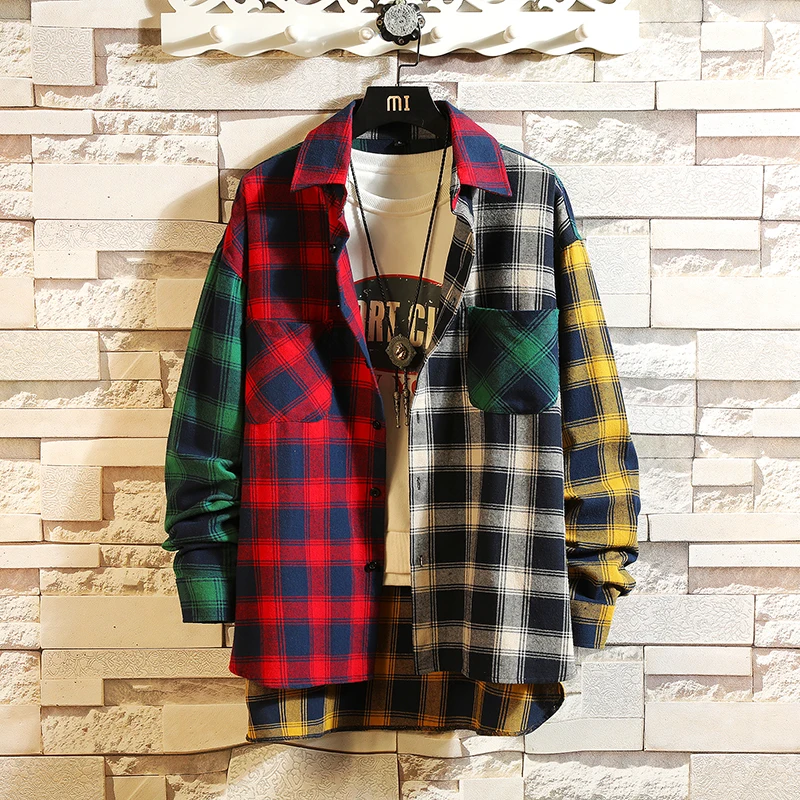Men Shirts 2020 new personality patchwork red plaid street casual hip hop long-sleeved shirt men's loose shirt Streetwear Men Shirts 2020 new personality patchwork red plaid street casual hip hop long-sleeved shirt men's loose shirt Streetwear