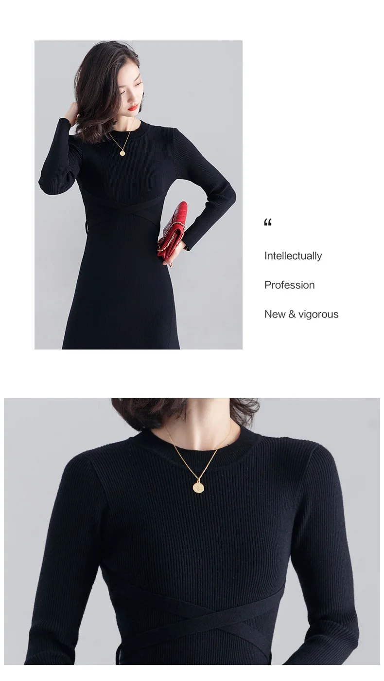 INNASOFAN knitted dress women Autumn Winter long-sleeved dress Euro-American fashion chic dress solid color