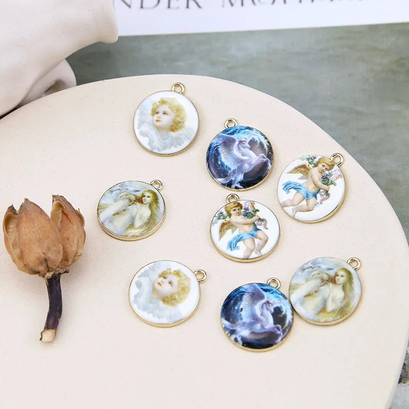

Retro style 40pcs/lot angel the unicorn pattern print geometry round shape alloy floating locket charms diy jewelry accessory
