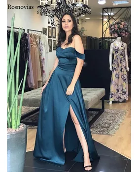 

Modest Side Split Evening Dresses 2020 Off Shoulder A Line Slit Sweep Train Long Party Prom Gowns Vestido de festa Cheap