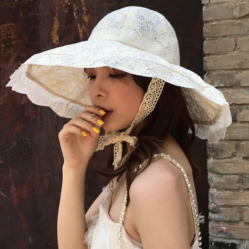 

HT3083 New Fashion Summer Sun Hat Women Lace Large Big Wide Brim Hat Ladies Breathable Beach Hat Female Fishing Cap Bucket Hat