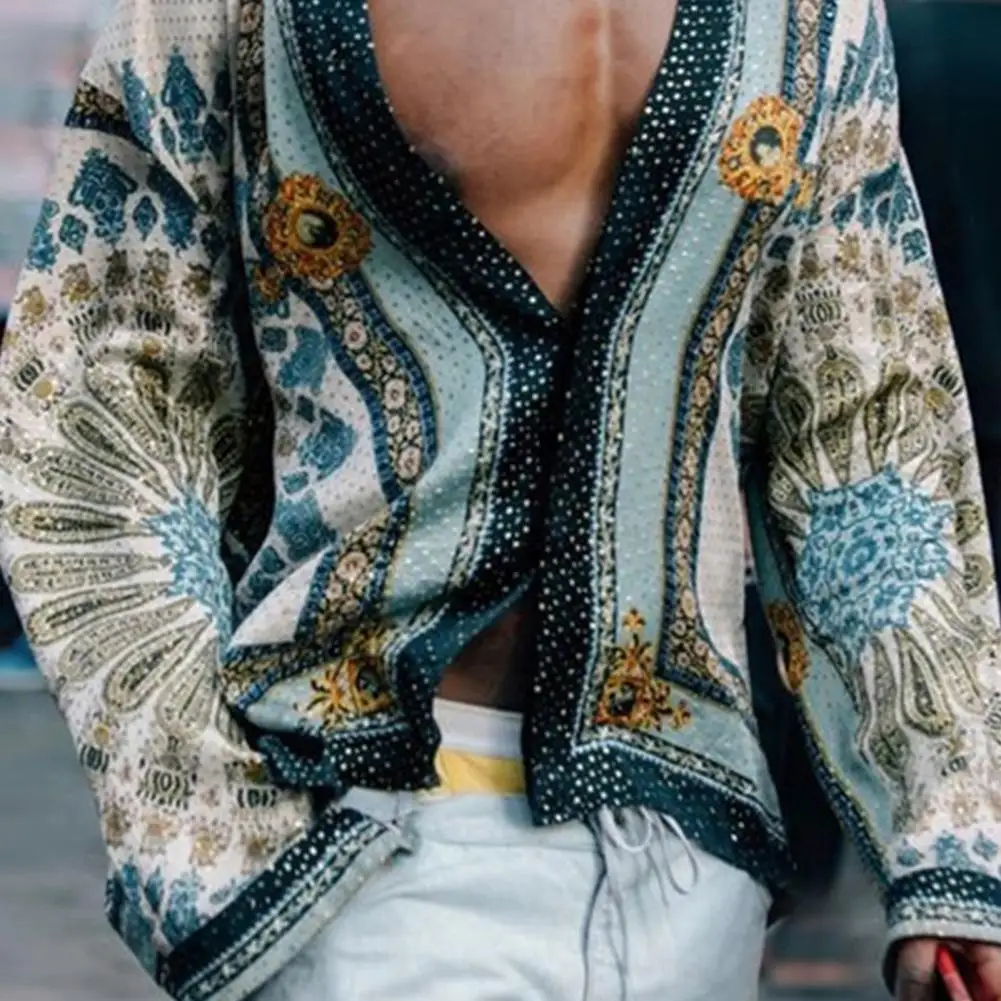 Men Ethnic Style Regular Shirt Printed Buttons Summer Casual All-Match Long Sleeve Lapel Top Party long sleeve shirt men casual shirt