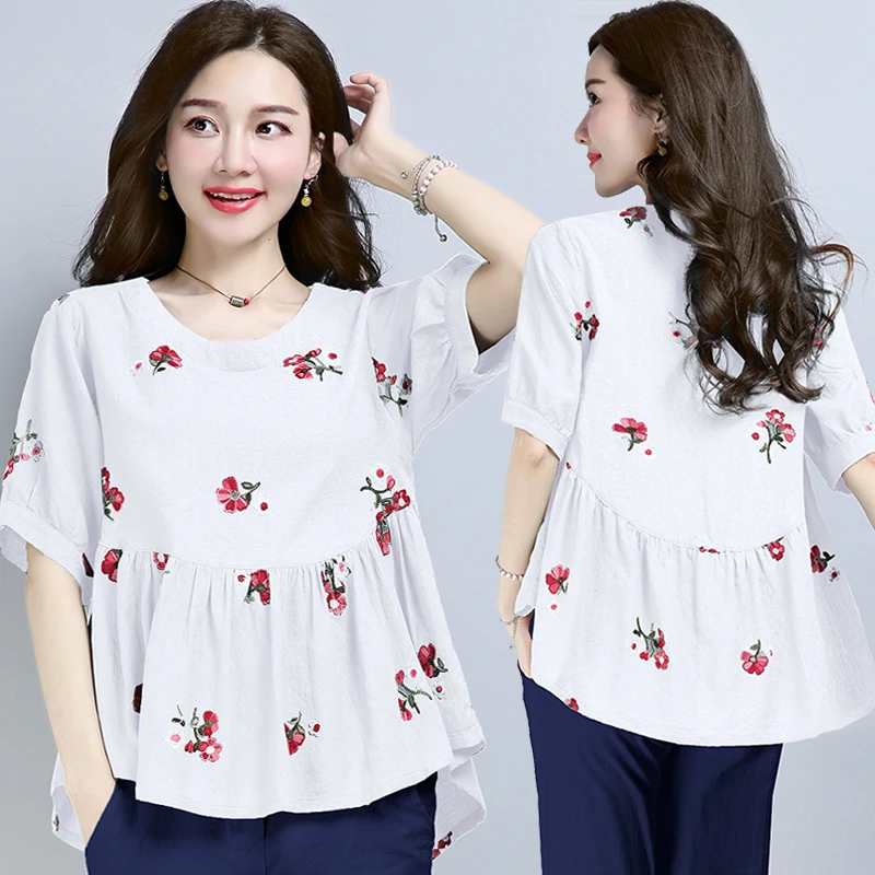 

Boho Hippie Elegant Vestidos Blusas Women Loose Mori Girls Floral Embroidery Blouses Shirts Cotton Linen Round Neck Tops Blusa