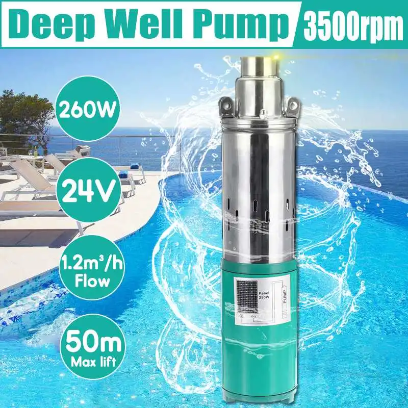 

Efficient Solar Water Pump Max Lift 50m 24V 260W 1200L/h Deep Well Pump DC Screw Submersible Pump Irrigation Garden Agricultural
