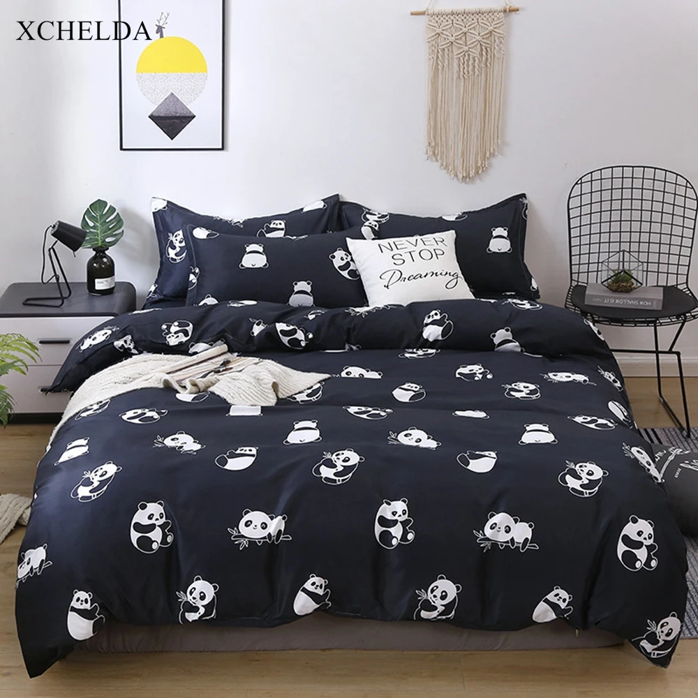 

Cotton Duvet Cover Set Double Queen Twin Black Kawaii Panda Bedspread Teens Single Bed sheet Pillowcases 4pcs Bedding set Family