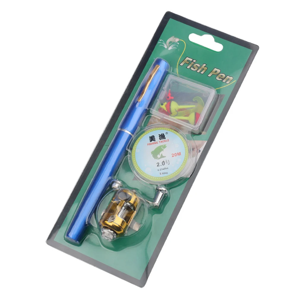 Portable Telescopic Pen Fishing Rod Set Mini Folded Pen Shape Fishing Rods Kit with Reel Wheel Reel Pesca Accessories - Цвет: Синий