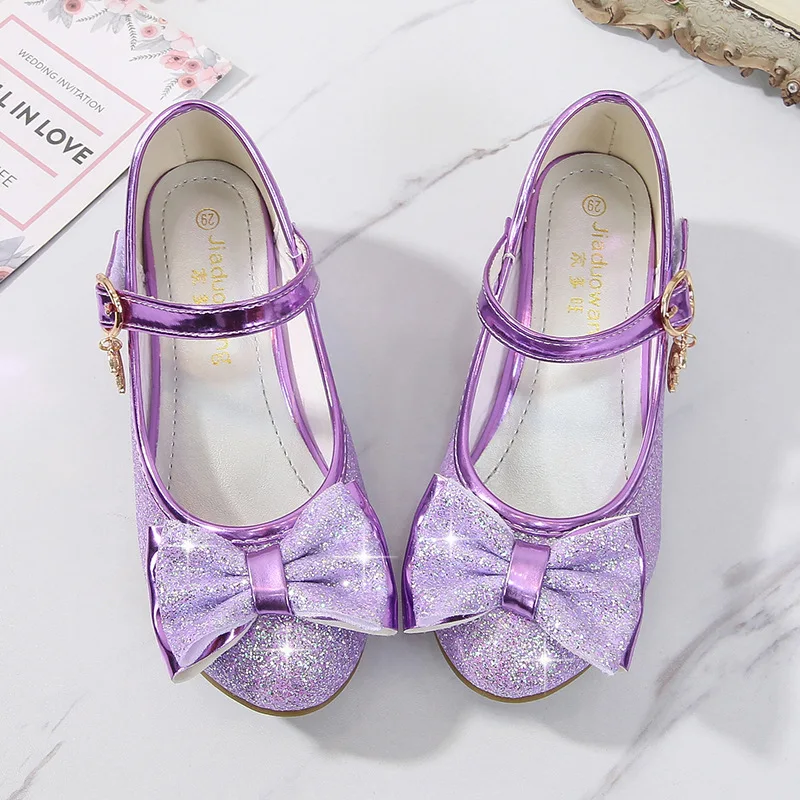 Girls Princess Shoes Butterfly Knot High-Heel Shiny Crystal Shoes Kids Leather Children's Single Birthday Present