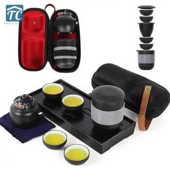 

Tea Set Black Pottery Pot Four Cup Ceramic Outdoor Portable Travel Tea Set Office Business Gifts