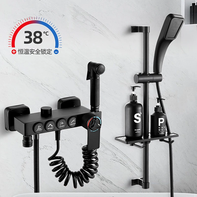 

Black Display Thermostatic Shower Faucet Set Height Can Adjust Bathtub Tap With Bathroom Shelf Water Flow Produces Electricity