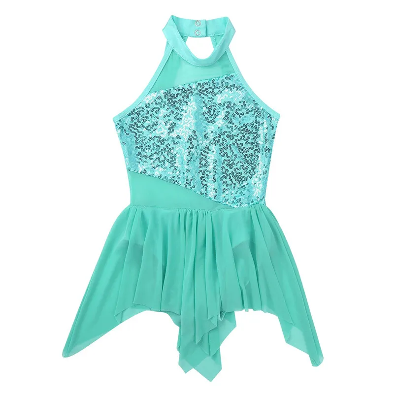 Kids Girls Sleeveless Sequins Cutout Back Ballet Leotard Tutu Dress for Lyrical Modern Contemporary Solo Ballroom Dance Dress