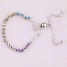 Аутентичная 925 пробы Серебряная Радужная теннисная сверкающая нить Отрегулируйте ПАН браслет подходит шарик шарм Diy ювелирные изделия