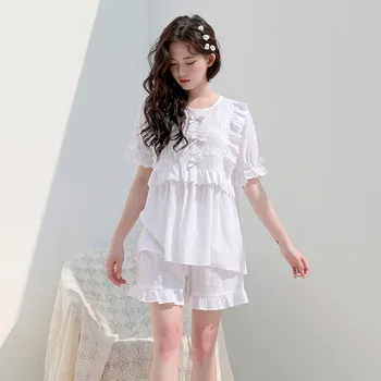 

2020 New Round Neck Princess Night Suits Ladies Vintage Cotton Pajama Set Women White Night Wear Shorts Home Suit Lounge Set