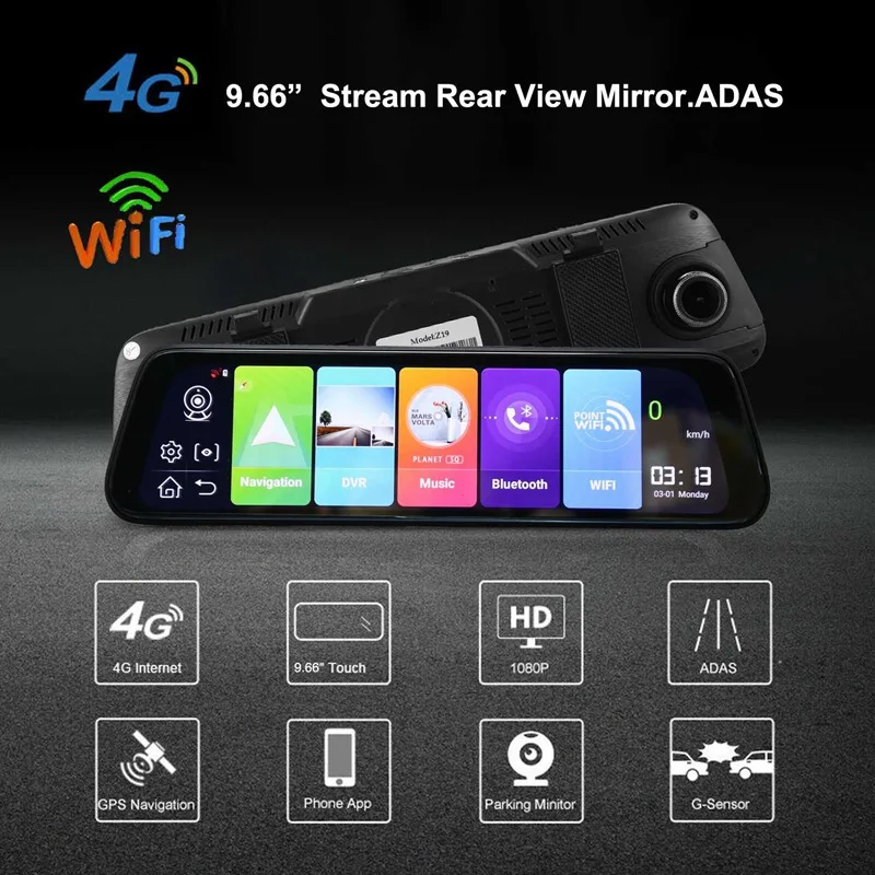 

9.66 inch Rearview Mirror 4G Android 8.1 Dash Camera 1G RAM+16G ROM GPS Navigation Car Video Recorder ADAS WiFi Driving Recorder