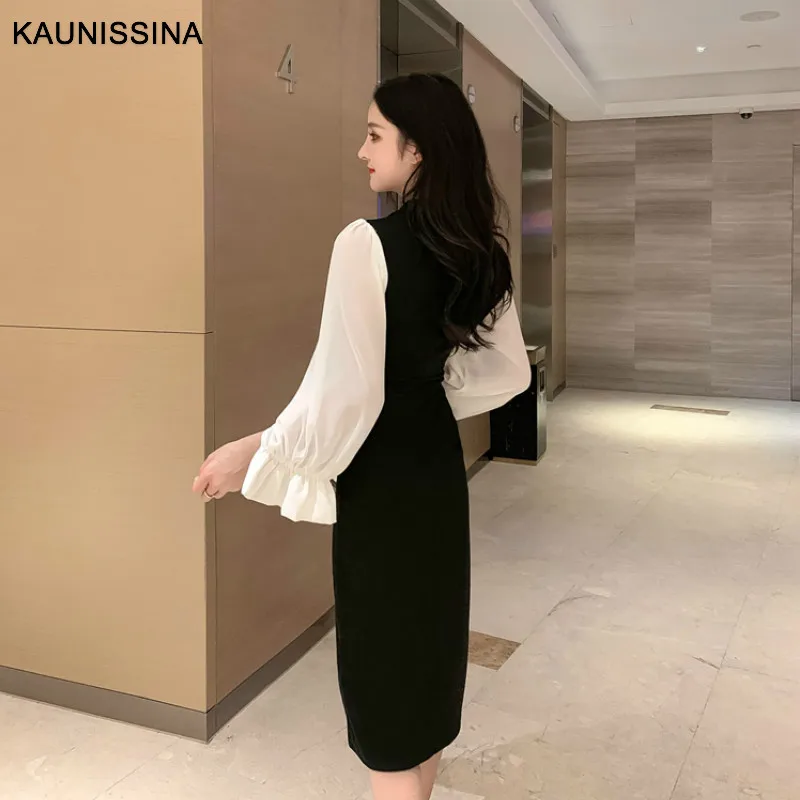 KAUNISSINA, винтажное платье, женское коктейльное платье, платье с длинным рукавом, длина по колено, платья для выпускного вечера, корейское платье