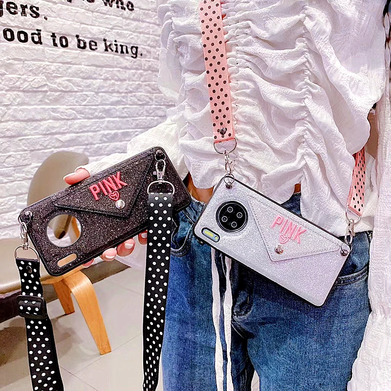 

Fashion Pink Glitter Embroidery Leather Phone Case For Samsung S10 Case S9 Note 8 9 10 Pro Luxury Wave Point Lanyard Cover Coque