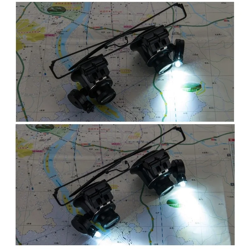 20X LED Magnifier Glasses Binocular Magnifying Glass with 2 LED Light Loupe for Watch and Clock Repairing Home Office Tools