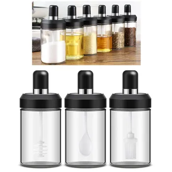 

Glass seasoning jar Spoon cover integrated Moisture-proof seasoning box Castor Salt shaker Oil can Condiment jar