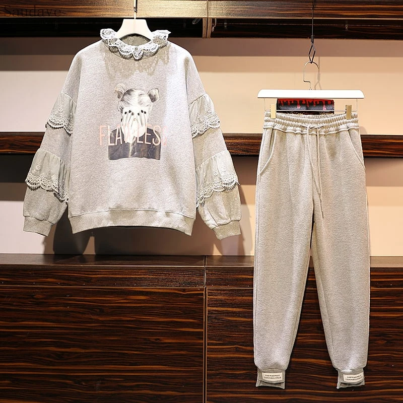 

Fashion Autumn Women Two Pieces Set Splice Lace collar Sleeve Print Sweatshirt And Pants Casual Female Tracksuit Plus Size 5XL