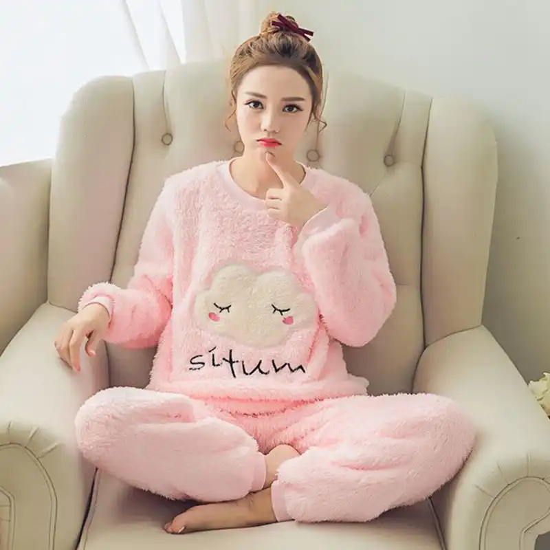 ピンクかわいいパジャマフランネル2ピース女性パジャマ冬ネグリジェ植物プラスlingere Nightgwear十代の少女 パジャマセット Aliexpress