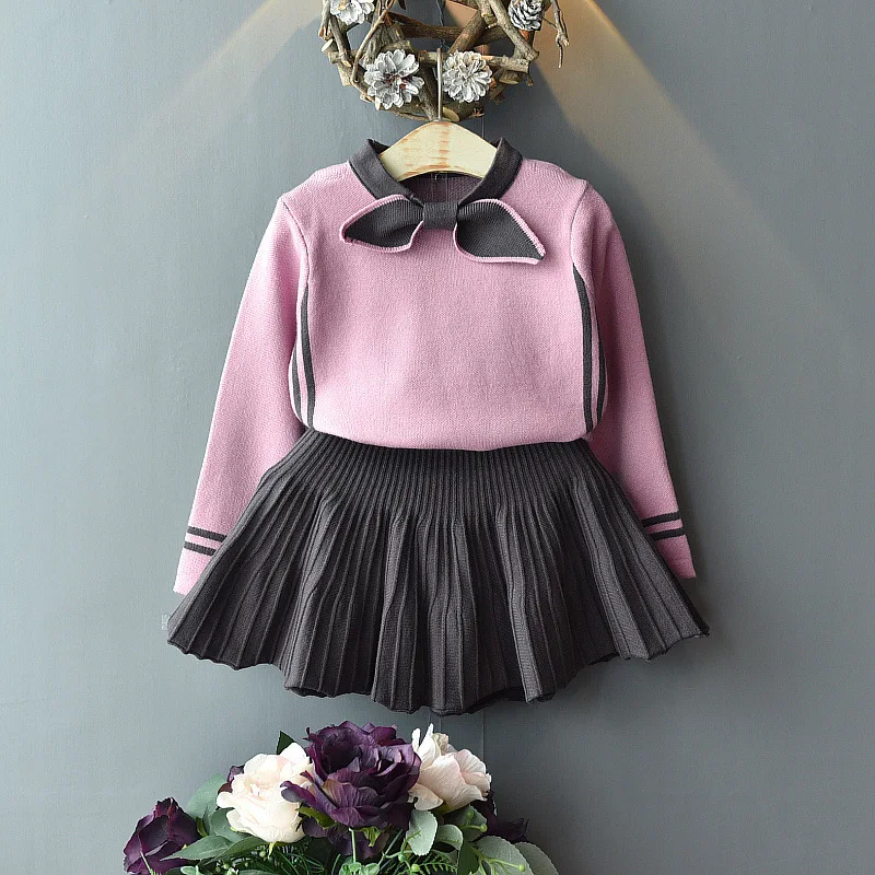 

Girls 2019 Autumn New Style Knitting Suit GIRL'S Long Sleeve Western Style Bowtie Tops And Pleated Skirt Two-Piece Set