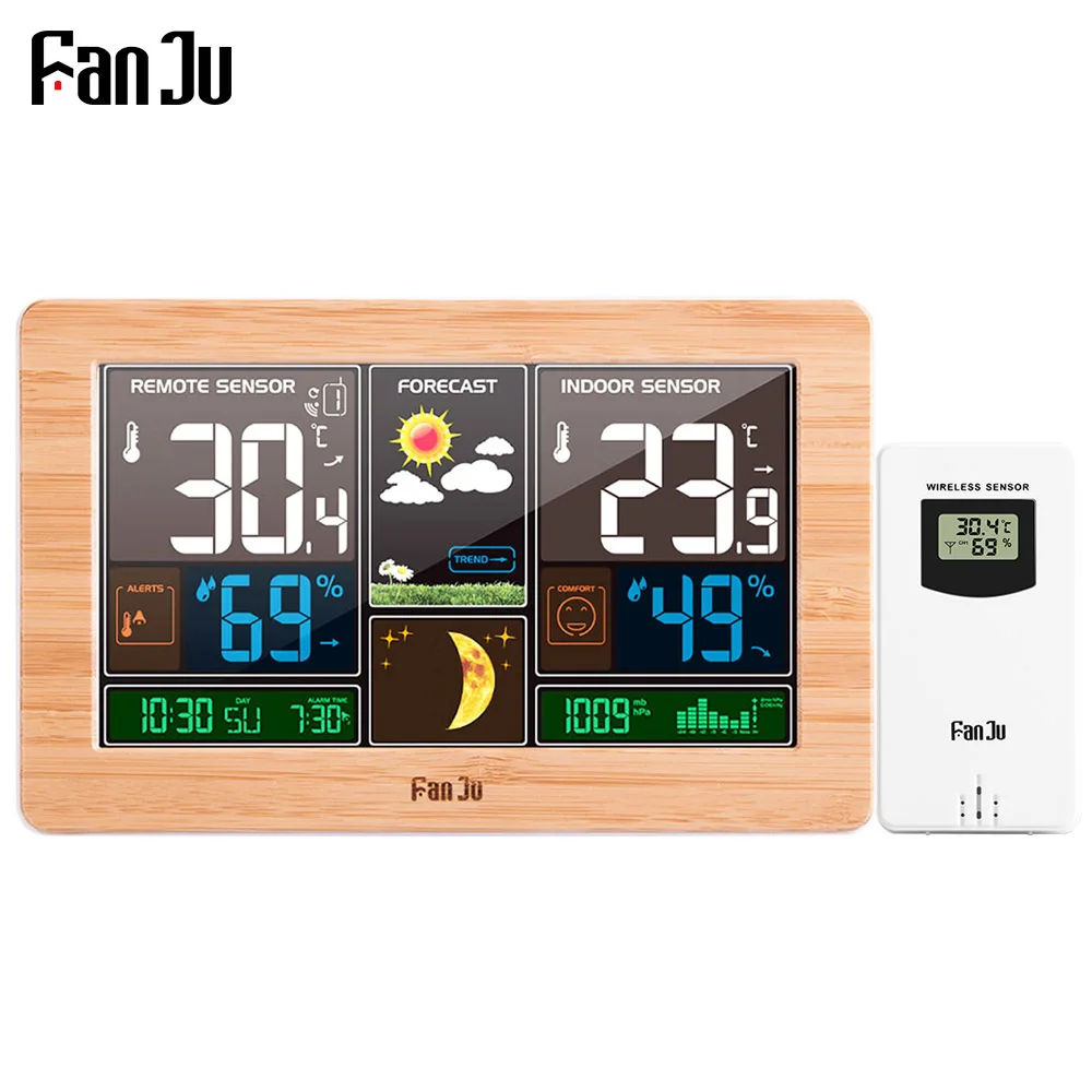 

FanJu FJ3378 Digital Alarm Clock Wall Weather Station Indoor Outdoor Temperature Humidity Barometric Forecast Electronic Wat