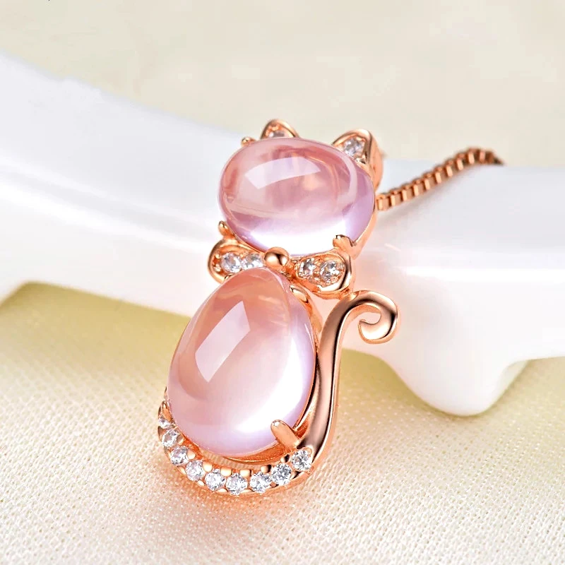 Korean version Necklace plated rose gold natural Ross quartz powder crystal cat women's Pendant clavicle chain jewelry necklaces |