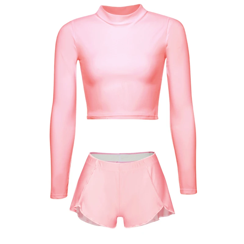 Bodysuit + Running shorts Bodysuit Long sleeved bodysuit running suit glossy high elastic round neck training suit Running gear