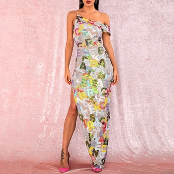 

2020 New Women Hotest Sequin Elegant Summer Dress Long Maxi Celebrity Party Patchwork Spaghetti Strap Gold Vestidos Wholesale