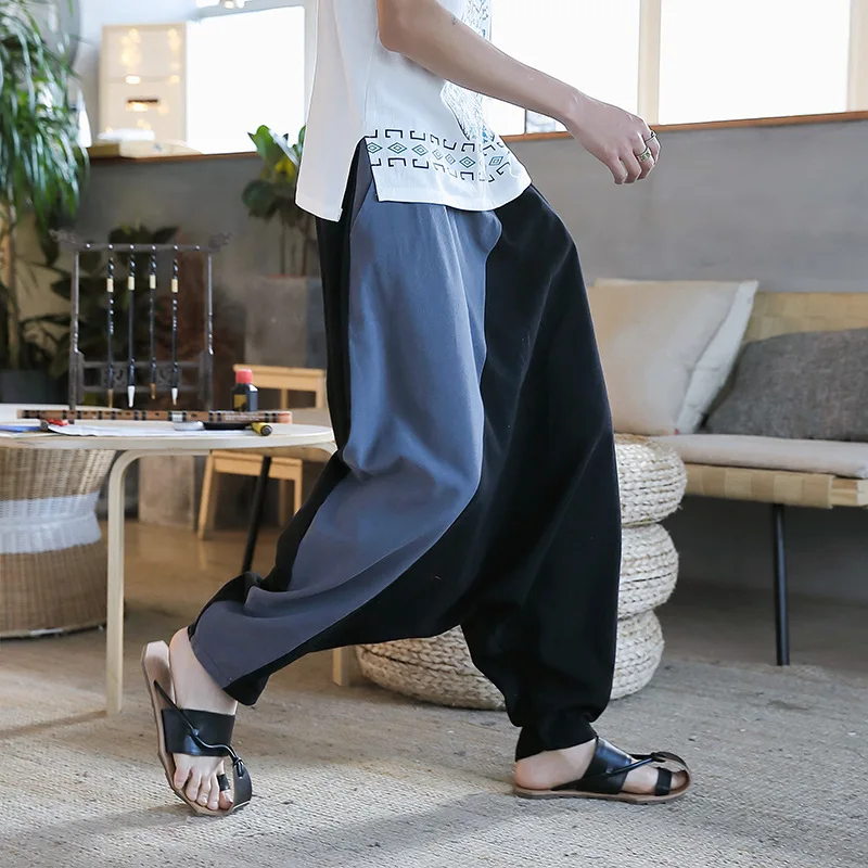 #0612 Summer Baggy Pants Men Black With Grey Casual Vintage Cotton Linen Pants Loose Streetwear Hip Hop Joggers Cross-pants 5XL
