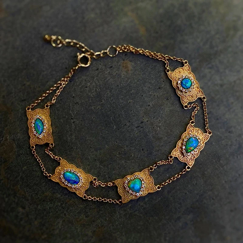 Aazuo Natural Blue Opal Orignal 18K Yellow Gold Retro Bracelet gifted for Women Valentine's Day Gift Link Chain Au750