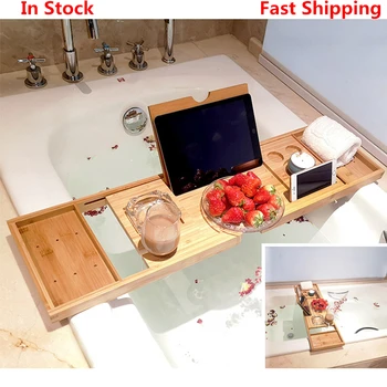 

Extendable Bamboo Bathtub Tray Caddy Wooden Bath Organizer Rack Bath Tray Bathroom Book Wine Tablet Holder Reading Shelf