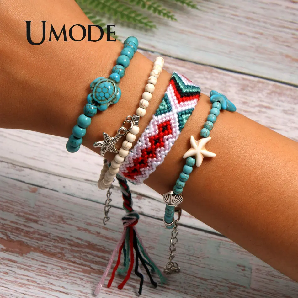 

UMODE 4 Pieces Charm Vsco Bracelet Set Handmade Friendship Bohemian Boho Weave Wrap Bracelets Femme Wholesale Jewelry PB0521