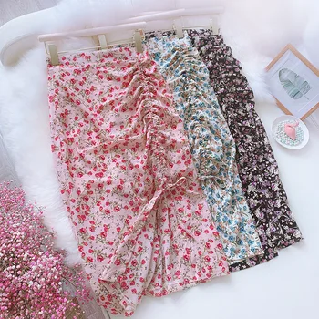 

Summer Women's Floral Chiffon Skirt New Elegant Drawstring Split High Waist Pack Hip Skirt Sweet Bohemian Skirt midi skirt GD326