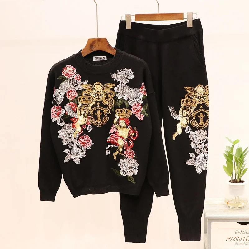 autumn-fashion-black-gray-sports-knit-suit-women-sequins-flowers-sweater-pants-two-piece-set-female-casual-knitted-tracksuit-2pc