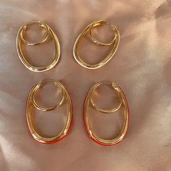

2020 new oil drip metal double layered round red & white earrings studs CC simple geometric hoop Earrings aros aretes oorbellen