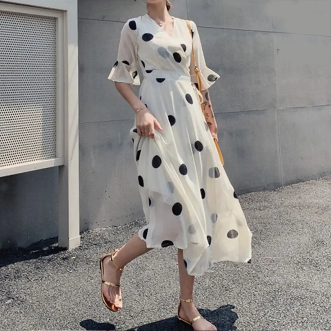 

2020 Spring And Summer New Style WOMEN'S Dress French Vintage Apricot Polka Dot Long Skirts Western Style Slimming Dress Cool GI