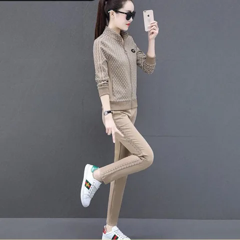 Female Sets Spring Autumn 2021 New printing Two-Piece Suit Jacket With Pants Zipper Sportswear Ladies Two-Piece