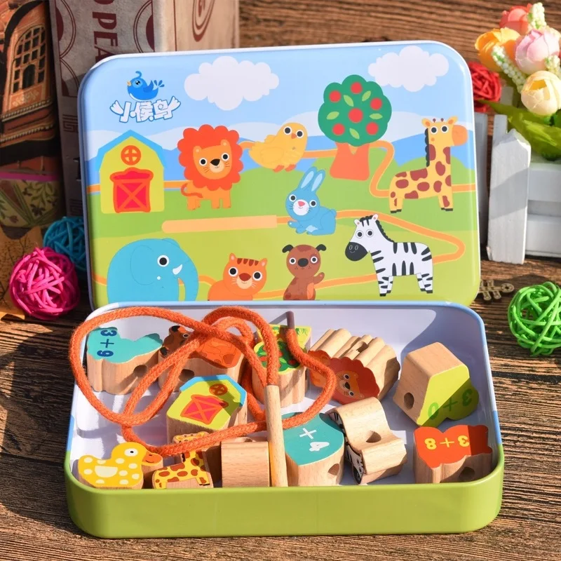 

(Mining) Building Blocks Beaded Bracelet Iron Box Storage High Quality Baby Educational Toy Wooden Threading Large Pieces Iron B