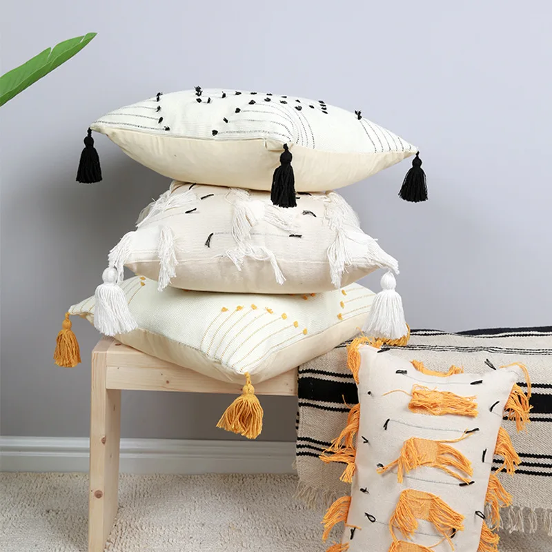 Boho yellow white tassel cushion cover Tufted Embroidery Throw Pillow
