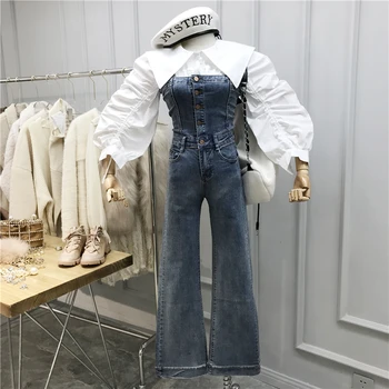 

Denim Jumpsuits Slim Strapless Strap Flared Trousers Women's Overalls 2020 Spring Fall New High Wide-Leg Jeans Jumpsuit Feminino