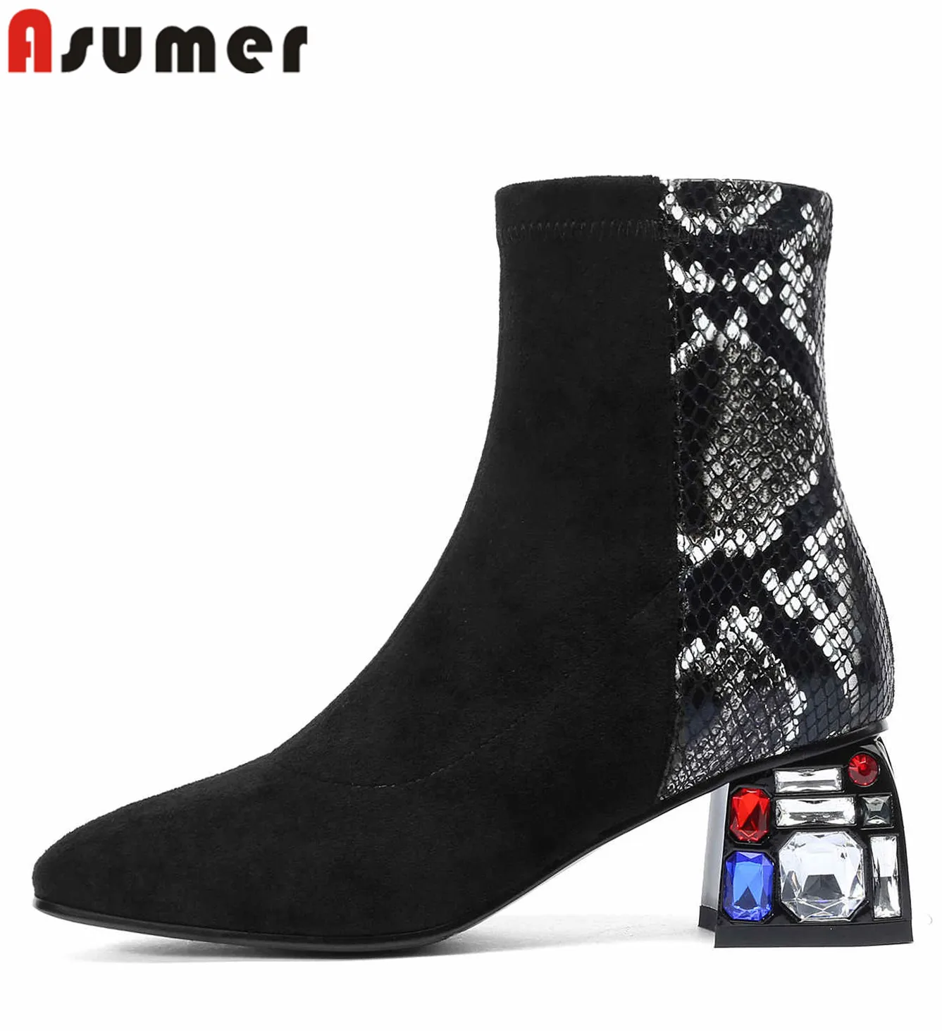 

ASUMER 2020 New arrival women boots rhinestone high heels autumn shoes patchwork fashion ladies ankle boots